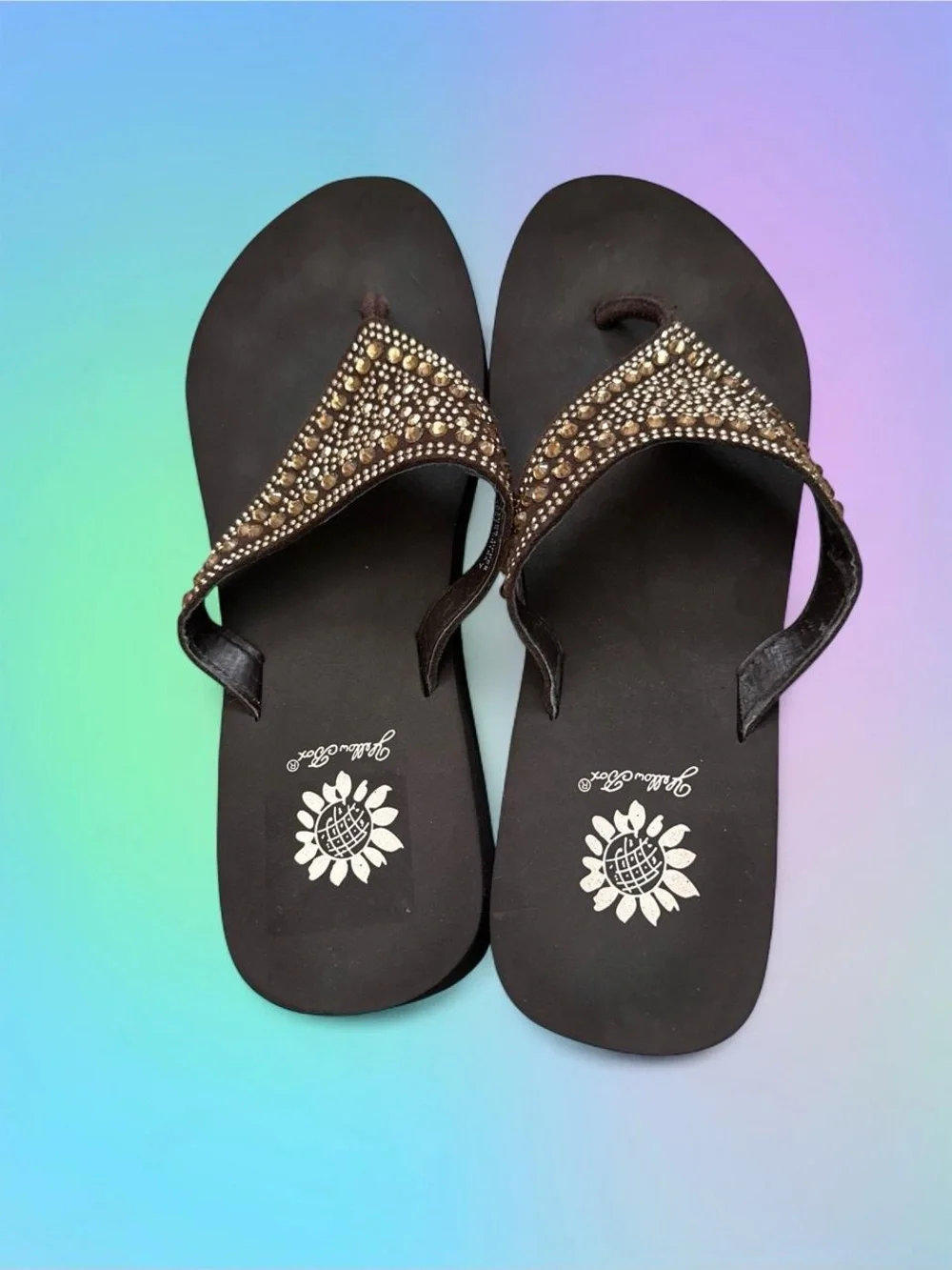 Rhinestone Genuine Leather Women's Thong Sandals- Y2K Yellow Box - Picture 4 of 5
